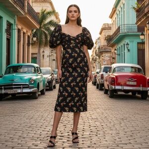 Designer Carolina Constas Floral Midi Dress – Romantic Puff Sleeve Statement